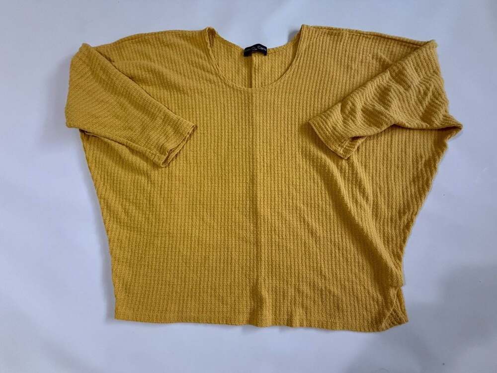 Kim & Cami Top L Mustard Yellow Waffle Knit LongSleeve ScoopNeck Boho Oversized